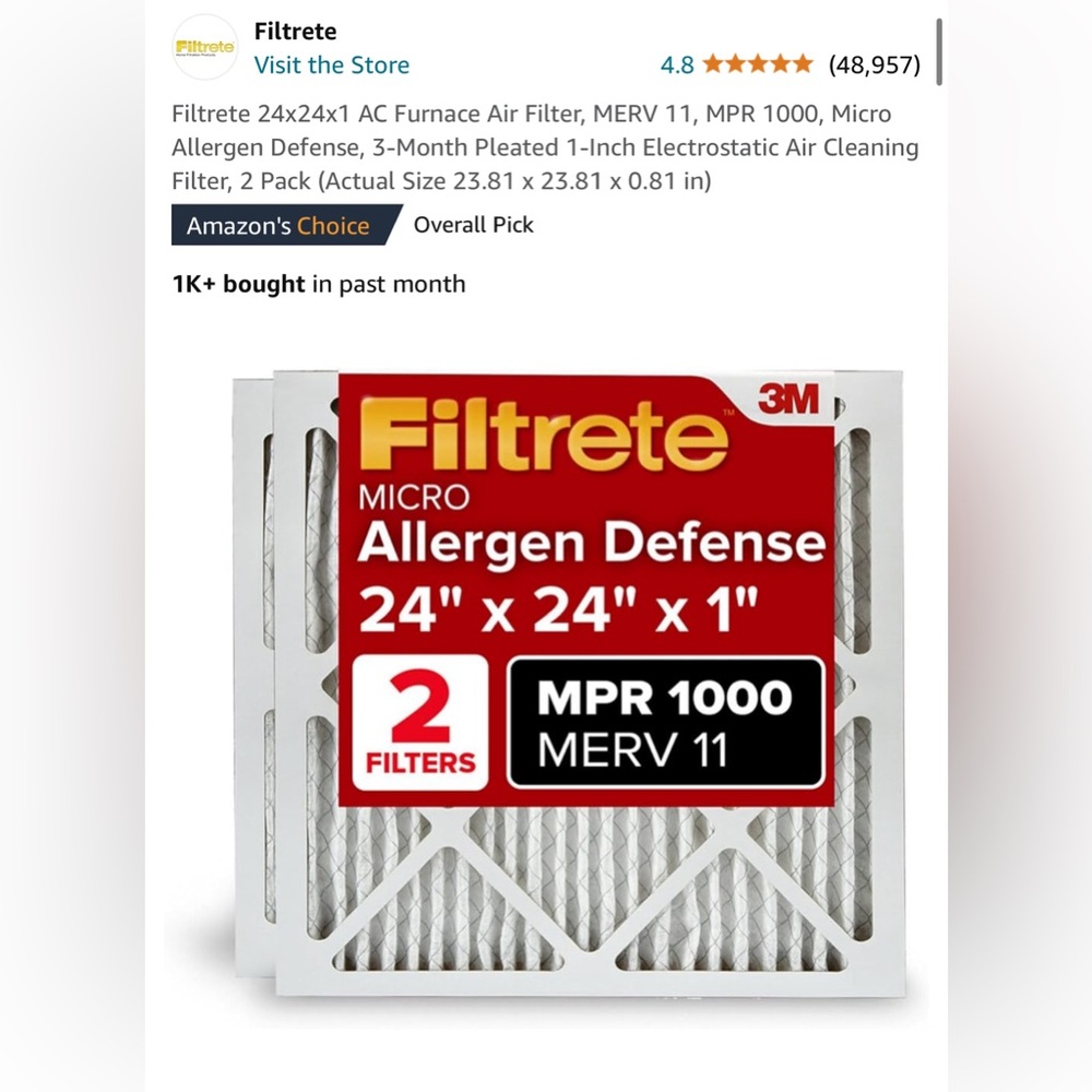 New inbox two pack 3M filtrete allergen defense filters 24X24X1 in never opened